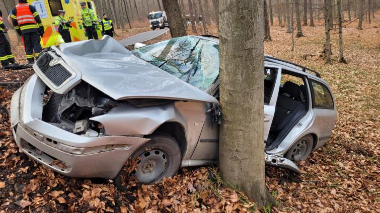 V lese nedaleko Zlína havaroval osobní automobil. Po nárazu do stromu zůstal řidič ve voze zaklíněný