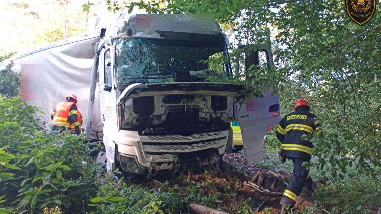 Mezi Loučkou a Haluzicemi havaroval kamion. Vůz se zastavil až na kraji lesa